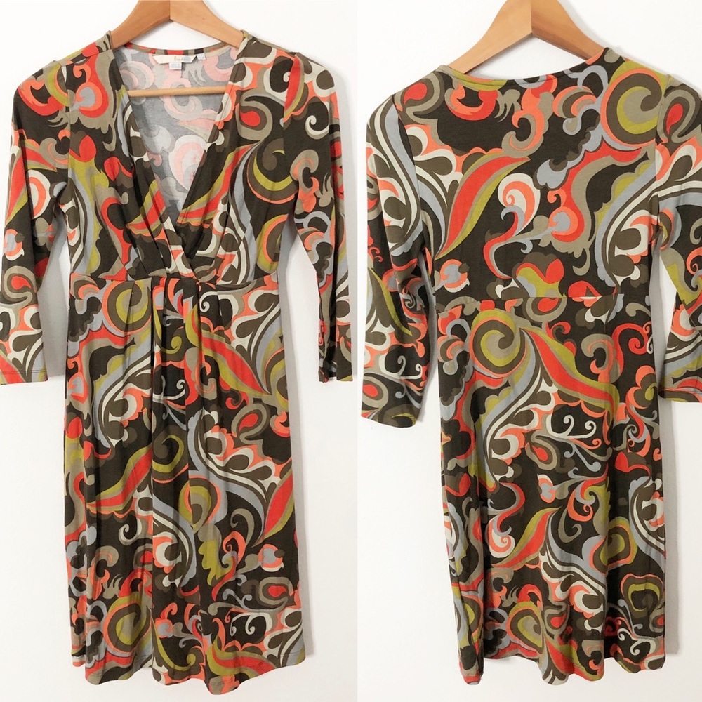 Boden Multicolor Swirl Print Wrap Dress - Olive, Coral, Cream
